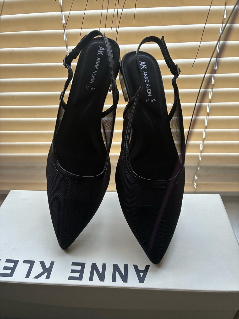 A. Klein Pointed Mesh Slingback Mules